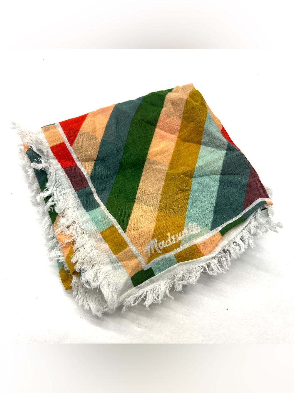 Madewell Rainbow Striped Handkerchief Scarf with Fringe Trim